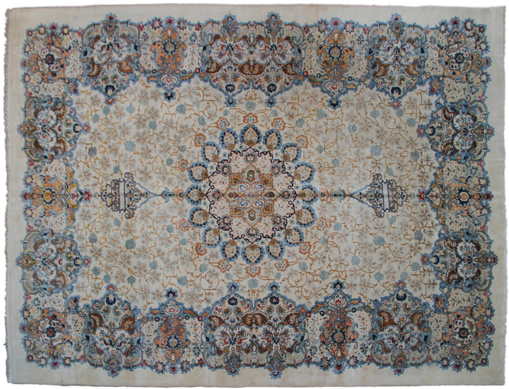 Image Alt Text: Antique semi-antique Kerman wool rug in blue and ivory with European floral design