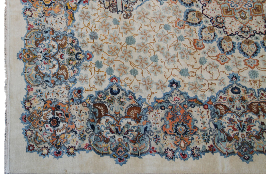 Image Alt Text: Antique semi-antique Kerman wool rug in blue and ivory with European floral design