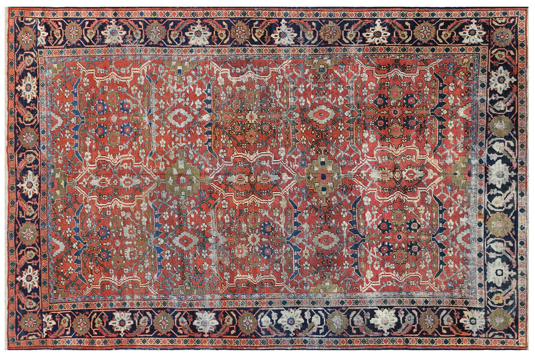 9x12 antique Persian Mahal rug with terracotta rust ground, navy blue geometric border, and ivory details