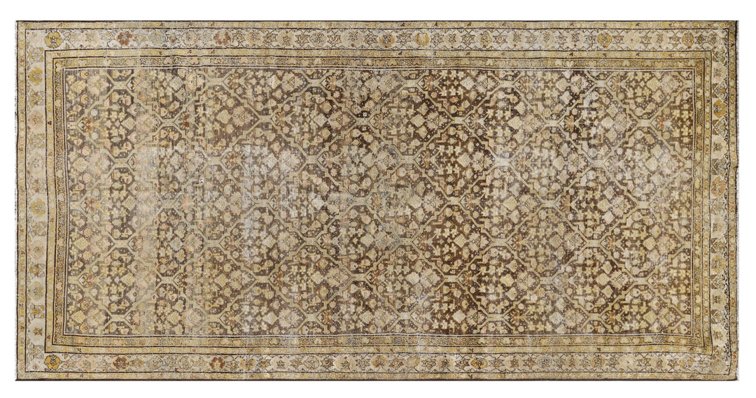 5x10 antique Persian Malayer wide runner rug featuring distressed vintage patina in soft brown and beige geometric patterns