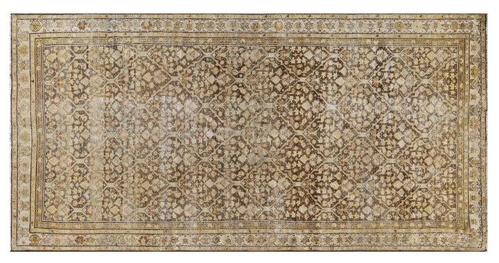 5x10 antique Persian Malayer wide runner rug featuring distressed vintage patina in soft brown and beige geometric patterns
