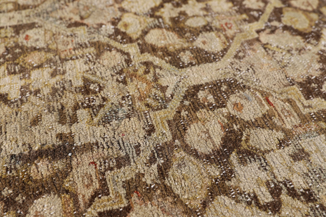 5x10 antique Persian Malayer wide runner rug featuring distressed vintage patina in soft brown and beige geometric patterns