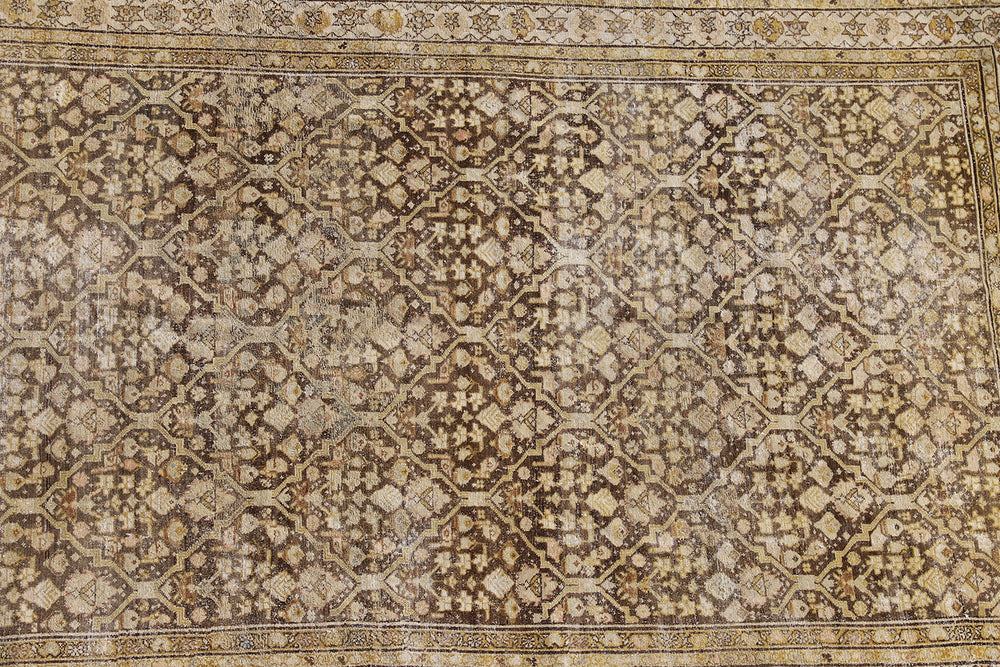 5x10 antique Persian Malayer wide runner rug featuring distressed vintage patina in soft brown and beige geometric patterns