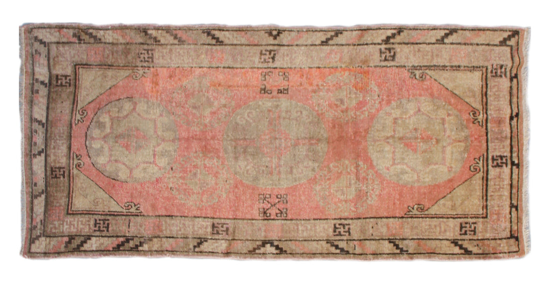 Rare 4x8 antique Samarkand hand-knotted wool area rug featuring three central motifs on a gentle pink and beige field by Ariana Rugs.