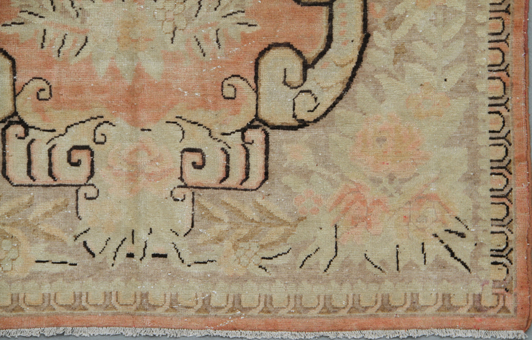 Antique Samarkand Yarkand hand-knotted wool rug measuring 9'1" x 5'5" featuring a French floral design in orange, pink, ivory, brown, and green tones.