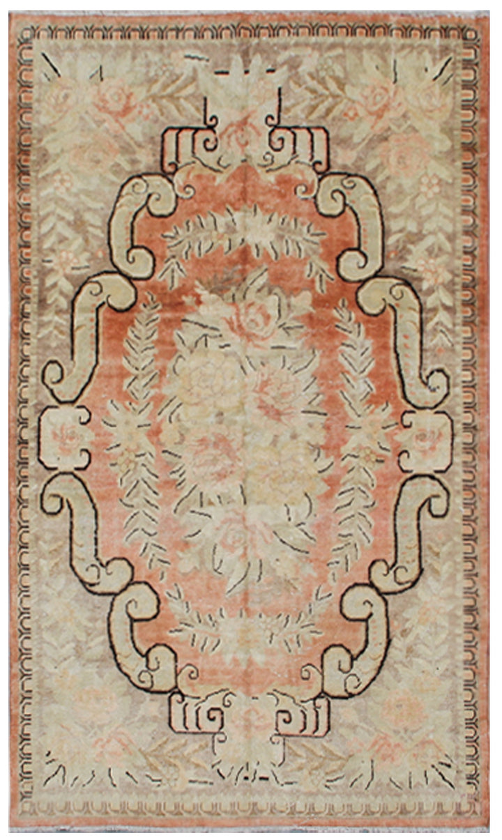Antique Samarkand Yarkand hand-knotted wool rug measuring 9'1" x 5'5" featuring a French floral design in orange, pink, ivory, brown, and green tones.