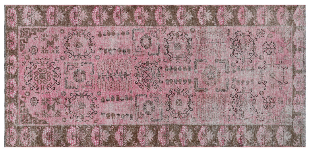 Antique Samarkand wool runner measuring 3'10" x 7'10" featuring an allover design in hot pink and brown tones.