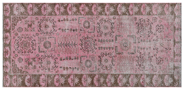 Antique Samarkand wool runner measuring 3'10" x 7'10" featuring an allover design in hot pink and brown tones.