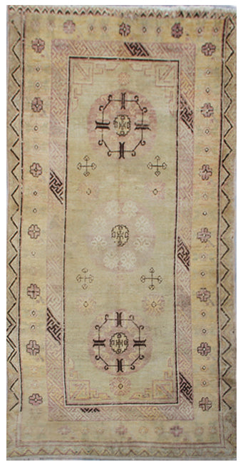 9'x4'Antique Samarkand Khotan Rug | Rare Green & Aubergine Geometric Rug