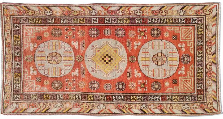 Authentic antique hand-knotted Samarkand Khotan wool area rug featuring three classic medallions in aqua and neutral tones on a rich orange-red field