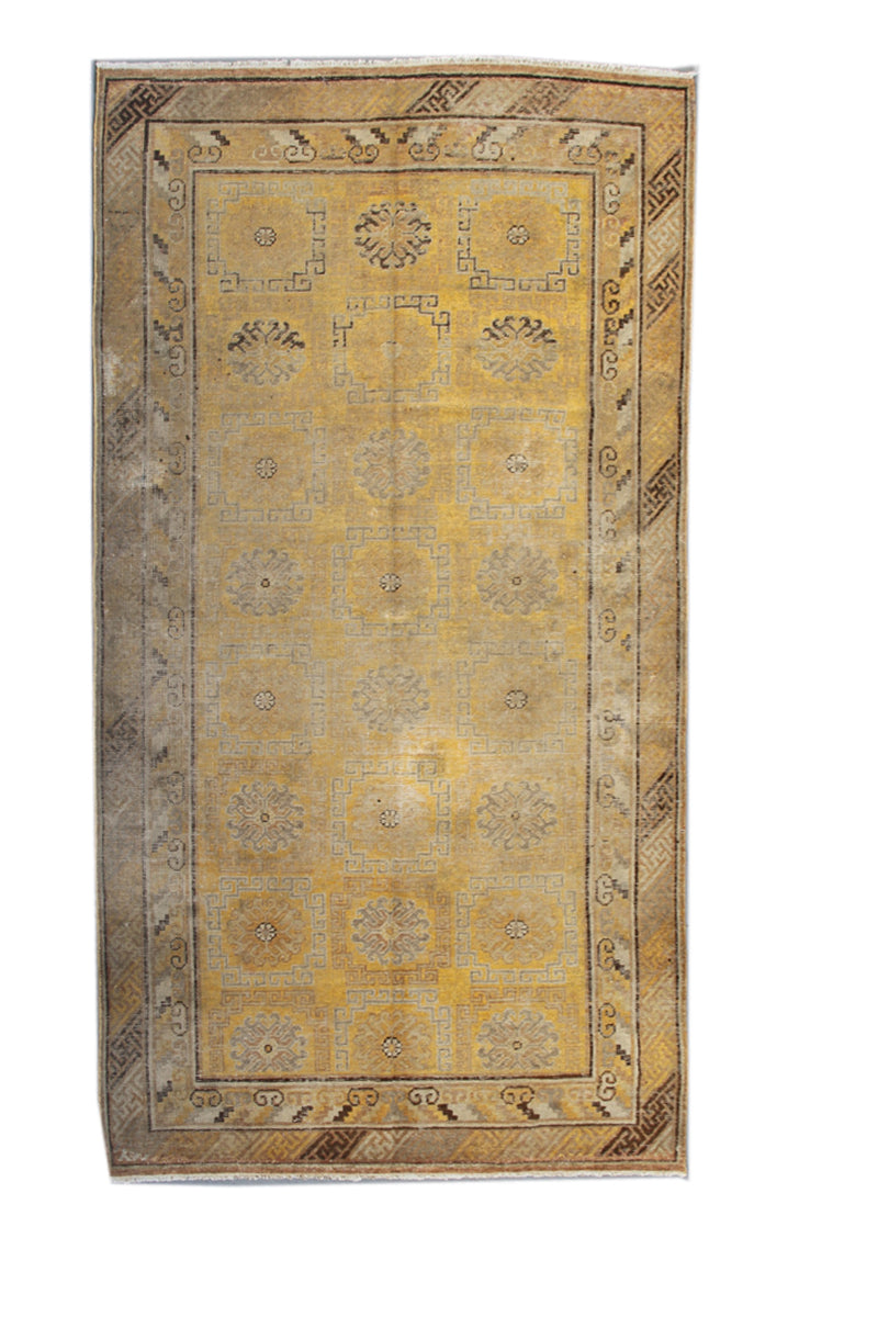 Antique Samarkand Khotan Rug 4x8 | Yellow Gold Geometric Wool Area Rug