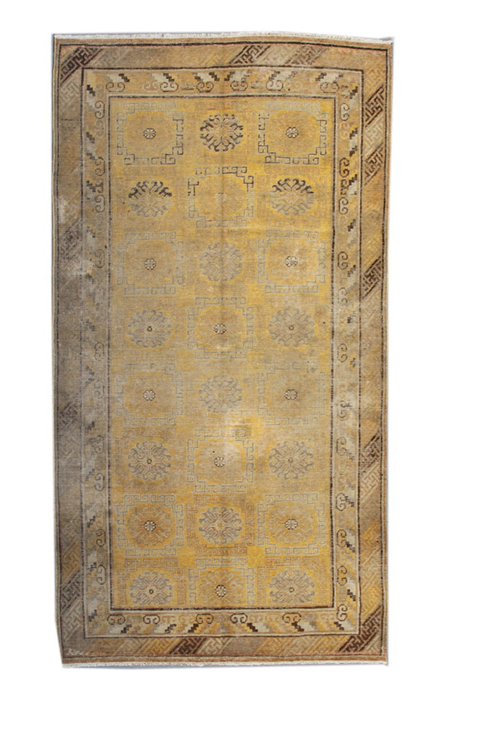 Antique Samarkand Khotan Rug 4x8 | Yellow Gold Geometric Wool Area Rug