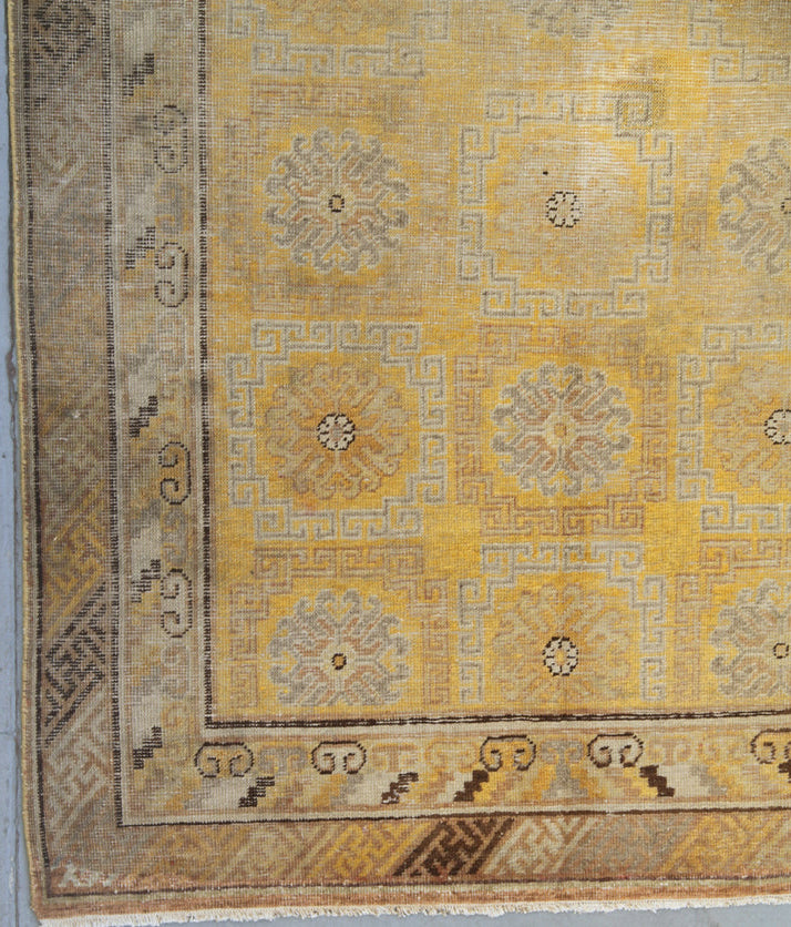 Antique Samarkand Khotan Rug 4x8 | Yellow Gold Geometric Wool Area Rug