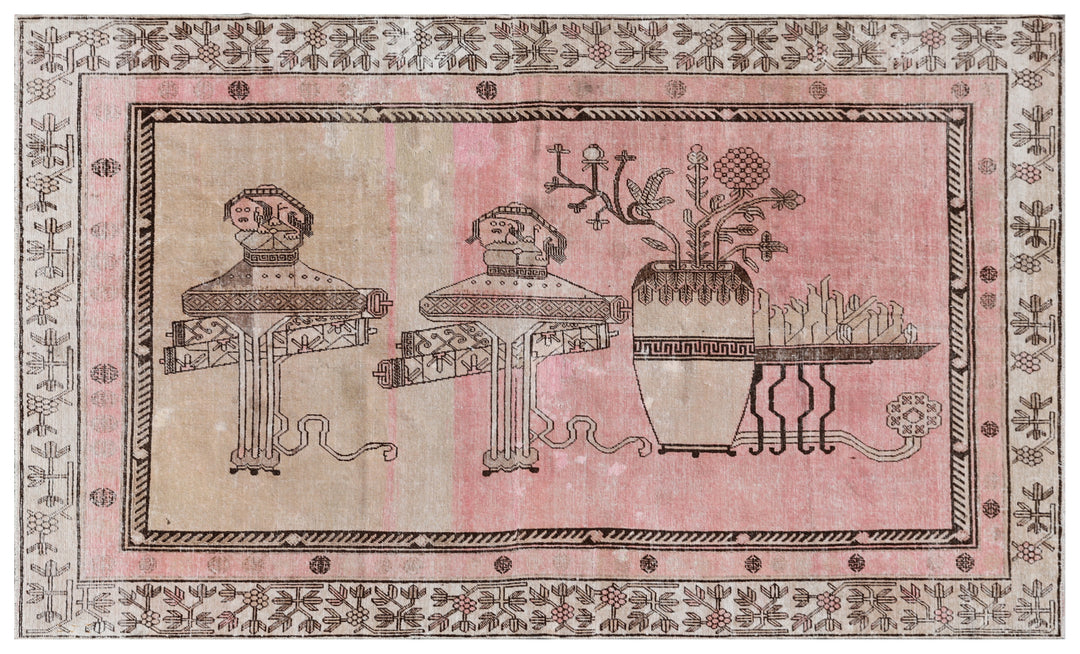 Antique Samarkand wool rug measuring 8'6" x 5'3" featuring a classic vase design in a pink, brown, and beige color palette.