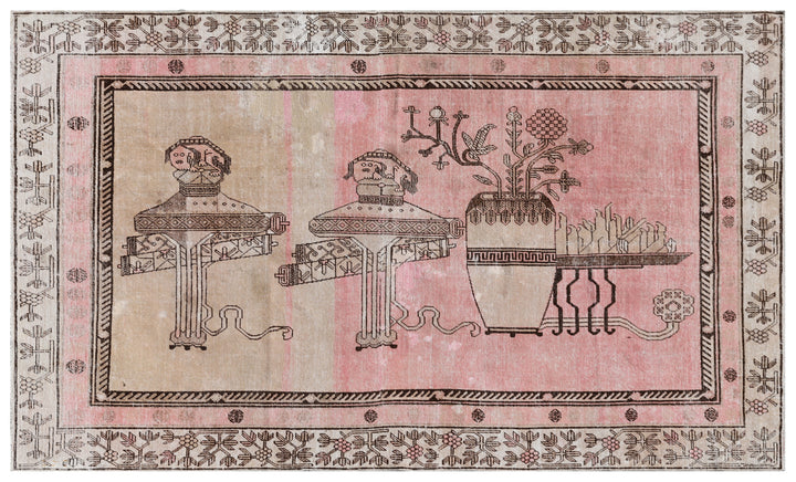 Antique Samarkand wool rug measuring 8'6" x 5'3" featuring a classic vase design in a pink, brown, and beige color palette.