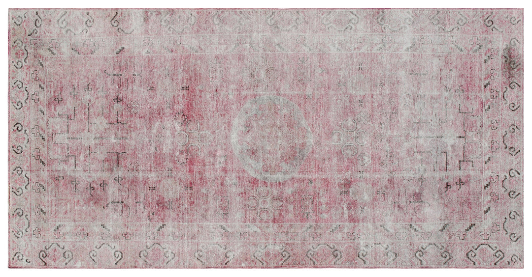 Antique Samarkand wool rug measuring 10'10" x 5'7" featuring a pink and cream color palette with classic medallion designs.