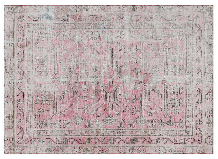 Antique Samarkand Khotan wool rug measuring 5'2" x 4'0" featuring a delicate pink floral design and vintage patina.