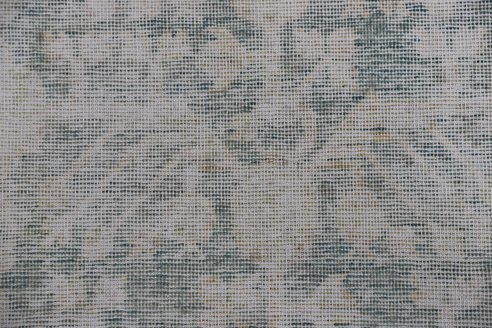Antique Samarkand hand-knotted wool rug measuring 5'7" x 11'1" featuring a pomegranate overall design on a grey-green background with blue, cream, and brown tones.