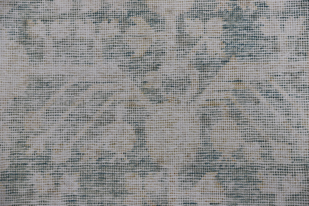 Antique Samarkand hand-knotted wool rug measuring 5'7" x 11'1" featuring a pomegranate overall design on a grey-green background with blue, cream, and brown tones.
