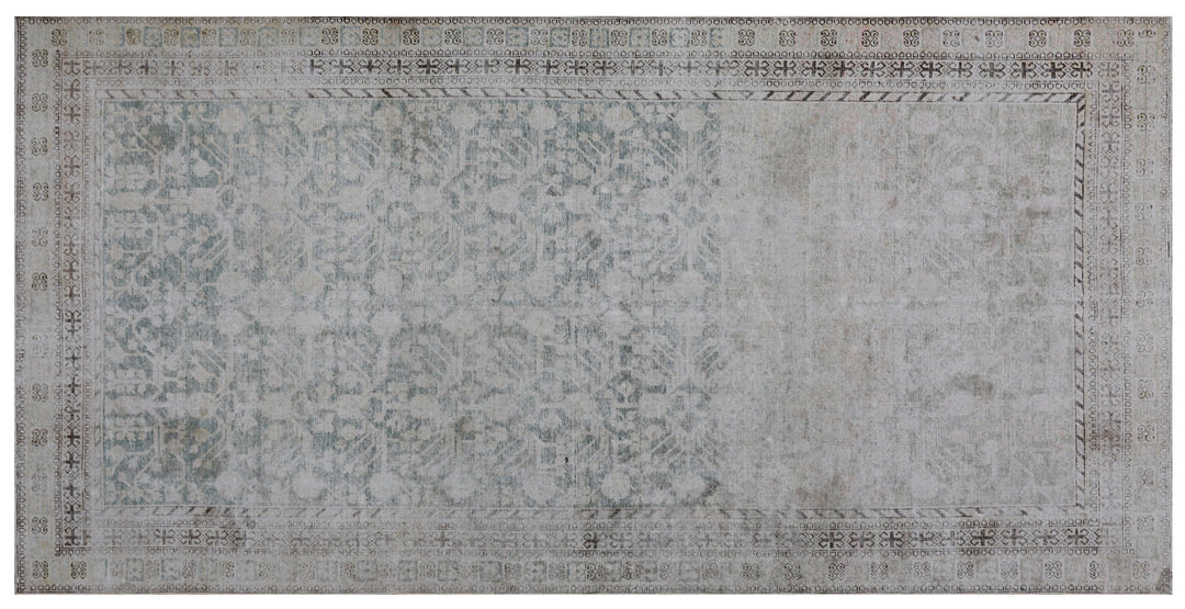 Antique Samarkand hand-knotted wool rug measuring 5'7" x 11'1" featuring a pomegranate overall design on a grey-green background with blue, cream, and brown tones.