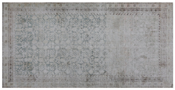 Antique Samarkand hand-knotted wool rug measuring 5'7" x 11'1" featuring a pomegranate overall design on a grey-green background with blue, cream, and brown tones.