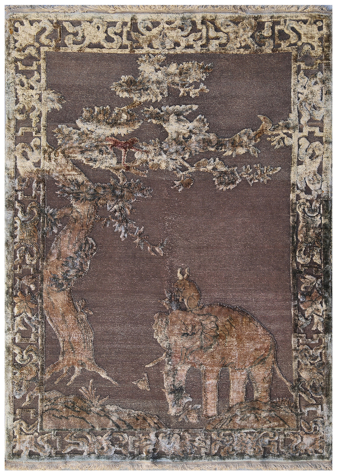 Antique Samarkand pictorial silk pile rug on woven metallic background 4x6 depicting mystical Chinese symbols of the elephant, rabbit, and owl
