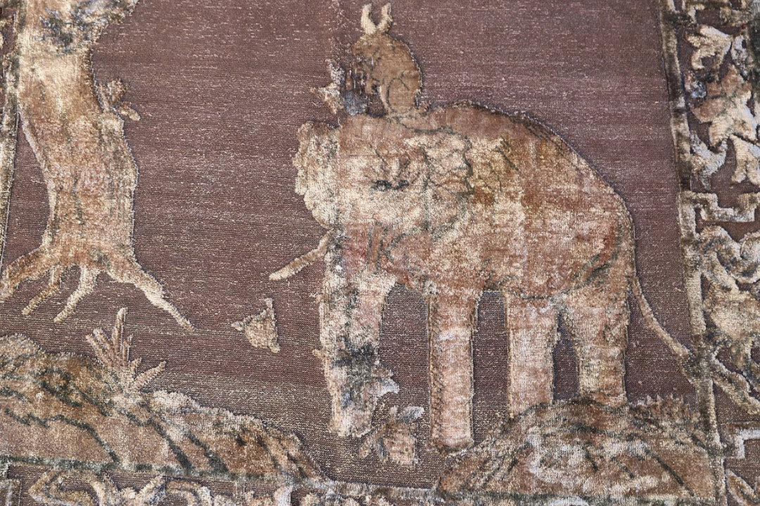 Antique Samarkand pictorial silk pile rug on woven metallic background 4x6 depicting mystical Chinese symbols of the elephant, rabbit, and owl
