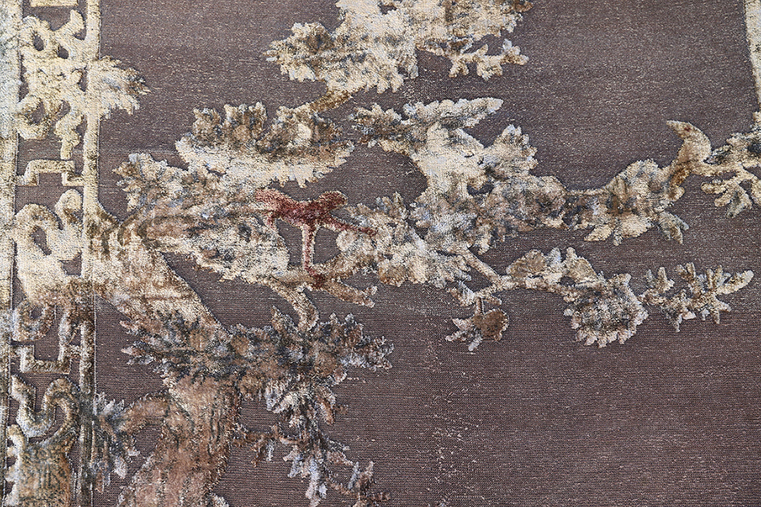Antique Samarkand pictorial silk pile rug on woven metallic background 4x6 depicting mystical Chinese symbols of the elephant, rabbit, and owl