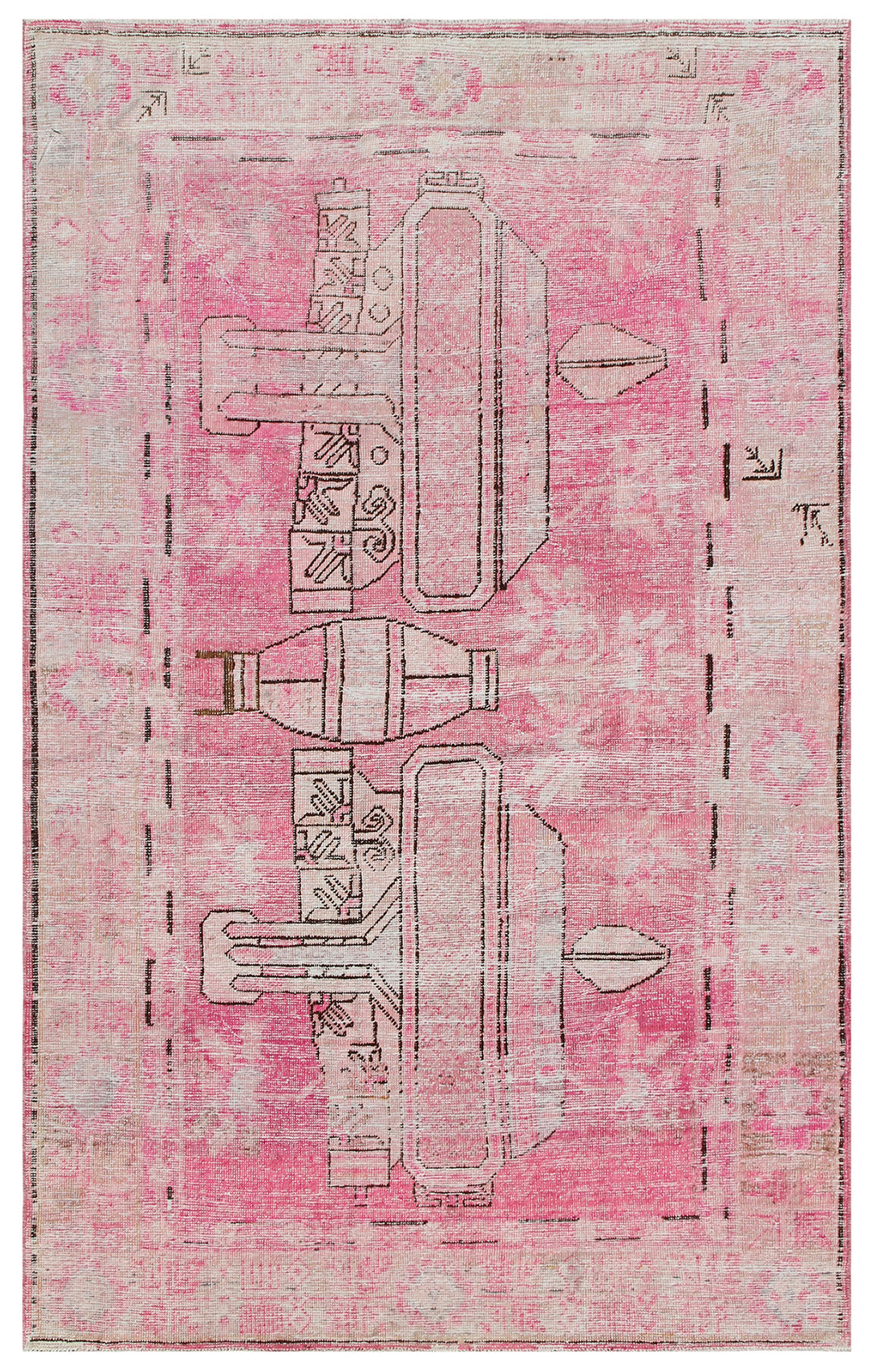 Antique Samarkand Yarkand rug measuring 7'0" x 4'1" featuring a pink vase design in a pink, cream, and brown wool construction.