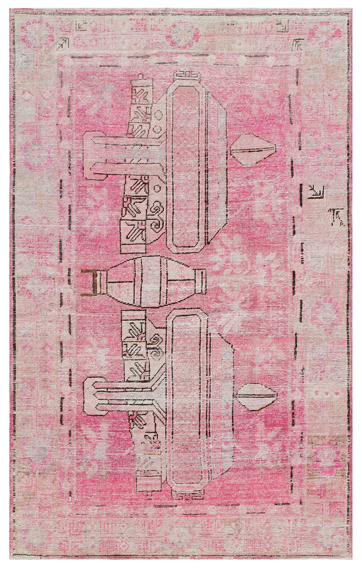 Antique Samarkand Yarkand rug measuring 7'0" x 4'1" featuring a pink vase design in a pink, cream, and brown wool construction.