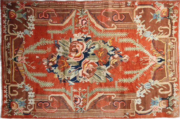 Antique semi-antique Chinese Turkistan Khotan Samarkand rug measuring 8'9" x 5'11" hand-knotted circa 1920-1930 in fine wool.