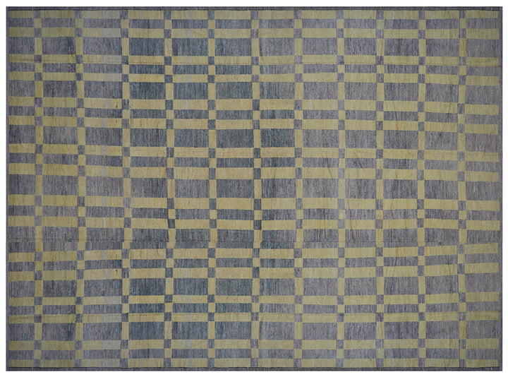 An overhead view of a massive 16x20 authentic Moroccan style long pile shag rug from the Ariana Barchi Collection, featuring a grey and yellow geometric pattern hand-woven by Hazara women weavers.