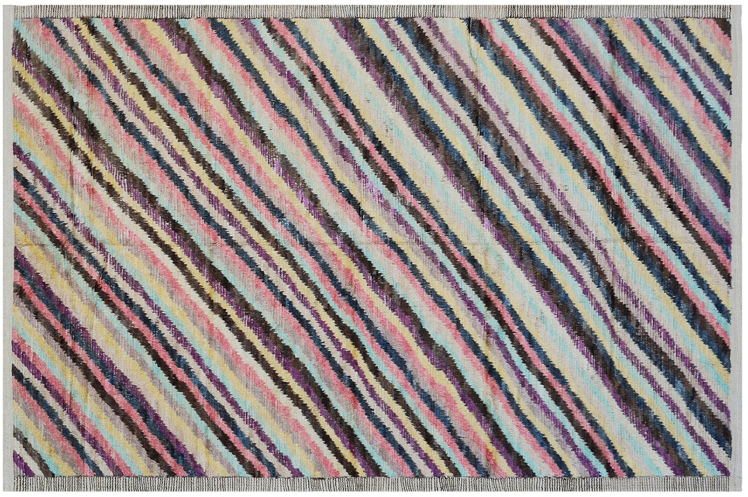 Multicolored striped rug with a geometric pattern