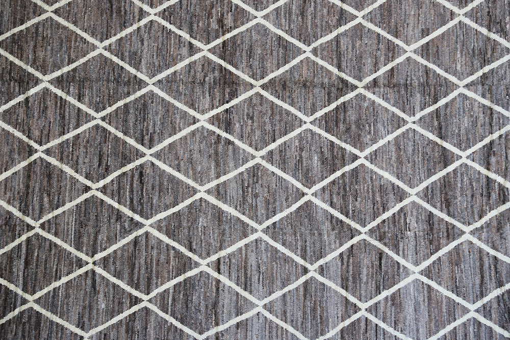 Luxury 13x20 grey and white hand-knotted shaggy Barchi rug from Ariana Rugs West Hollywood