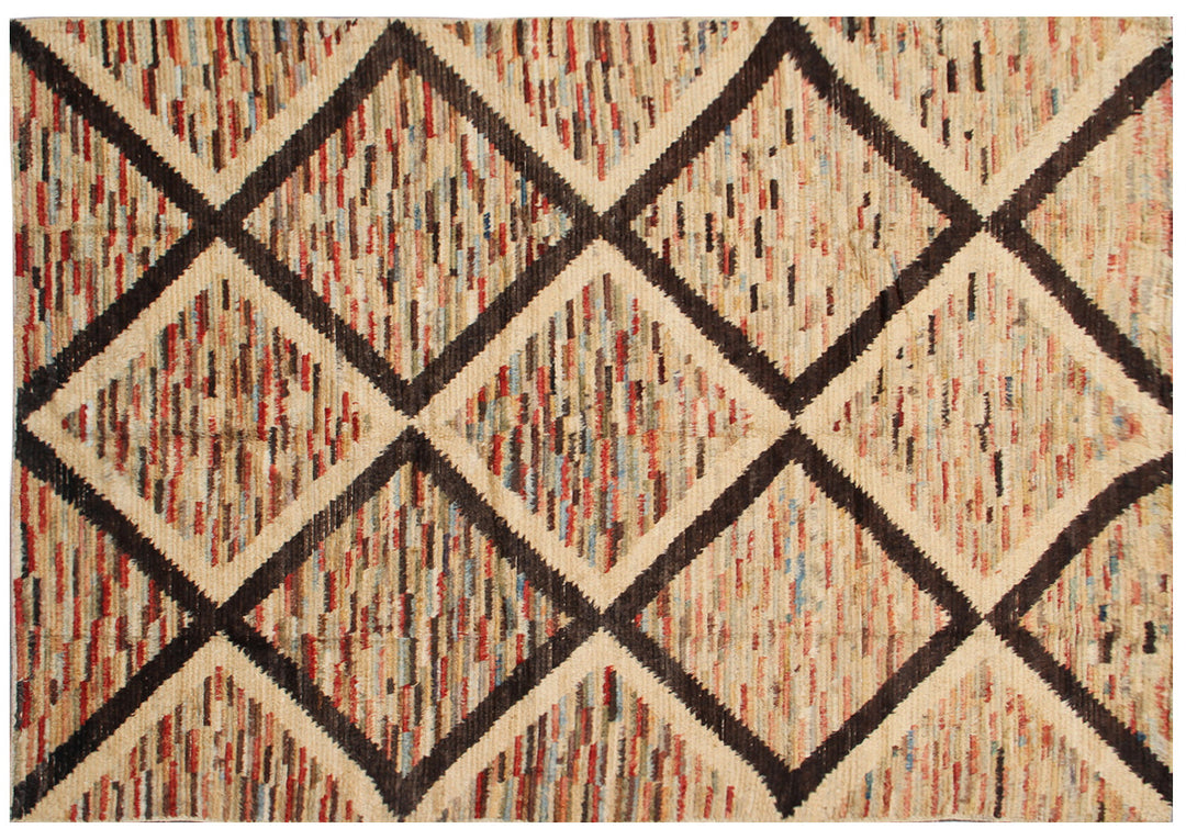 Hand-crafted 9'3" x 6'3" Moroccan Barchi wool area rug featuring a brown geometric diamond pattern over a vibrant striped background with plush long pile.