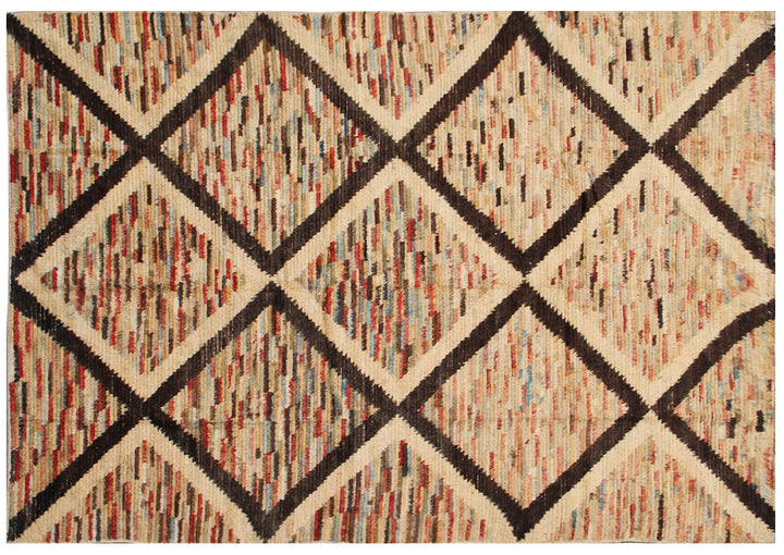 Hand-crafted 9'3" x 6'3" Moroccan Barchi wool area rug featuring a brown geometric diamond pattern over a vibrant striped background with plush long pile.