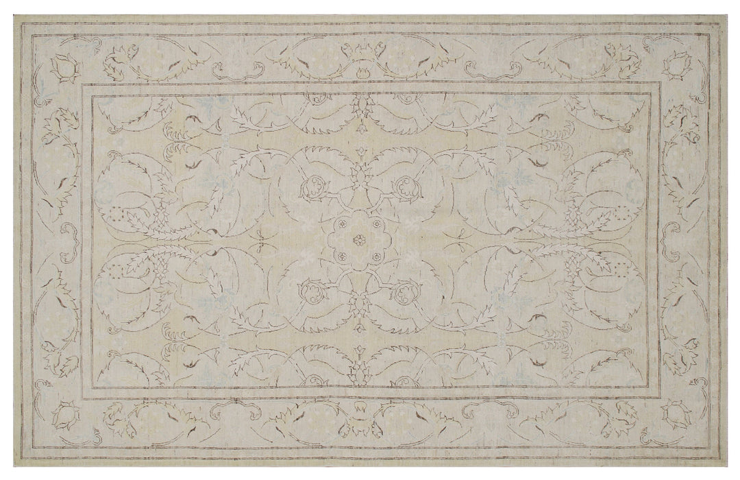 Authentic Ariana Traditional Collection 6x9 area rug featuring a fine luxury Polonaise floral design in a soft yellow, ivory, and brown color palette with woven silk highlights, hand-knotted in Afghanistan.