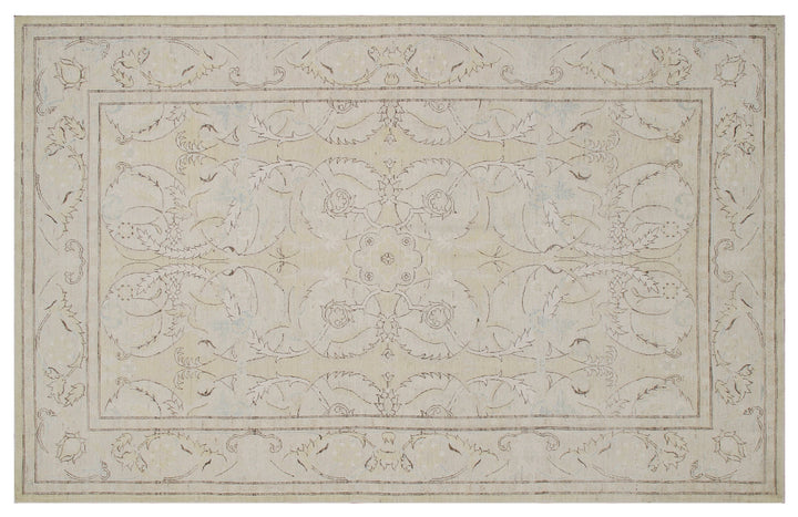 Authentic Ariana Traditional Collection 6x9 area rug featuring a fine luxury Polonaise floral design in a soft yellow, ivory, and brown color palette with woven silk highlights, hand-knotted in Afghanistan.