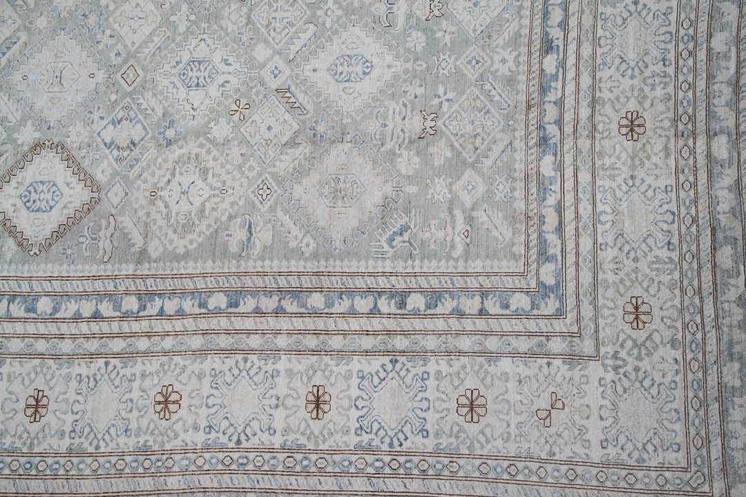 Ariana Hazara 17'4" x 14'5" Large Caucasian Geometric Hand-Knotted Rug