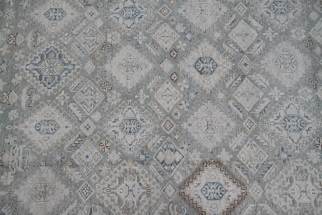 Ariana Hazara 17'4" x 14'5" Large Caucasian Geometric Hand-Knotted Rug