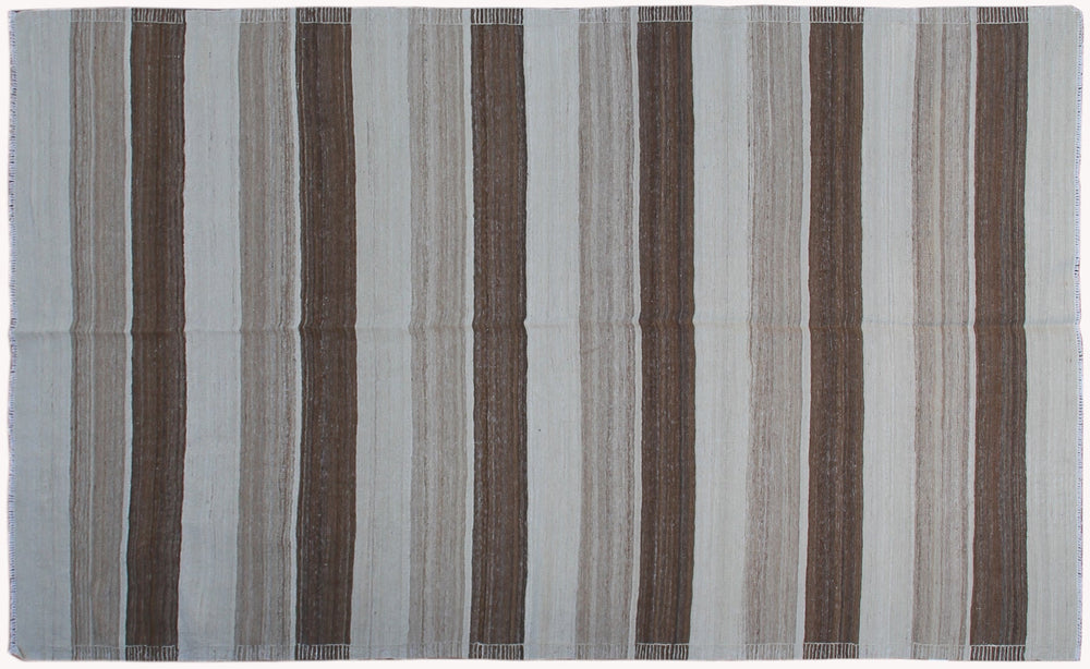 6x10 Ariana Kilim hand-woven Afghan wool rug with earth tone cream and brown stripes, full overhead view.