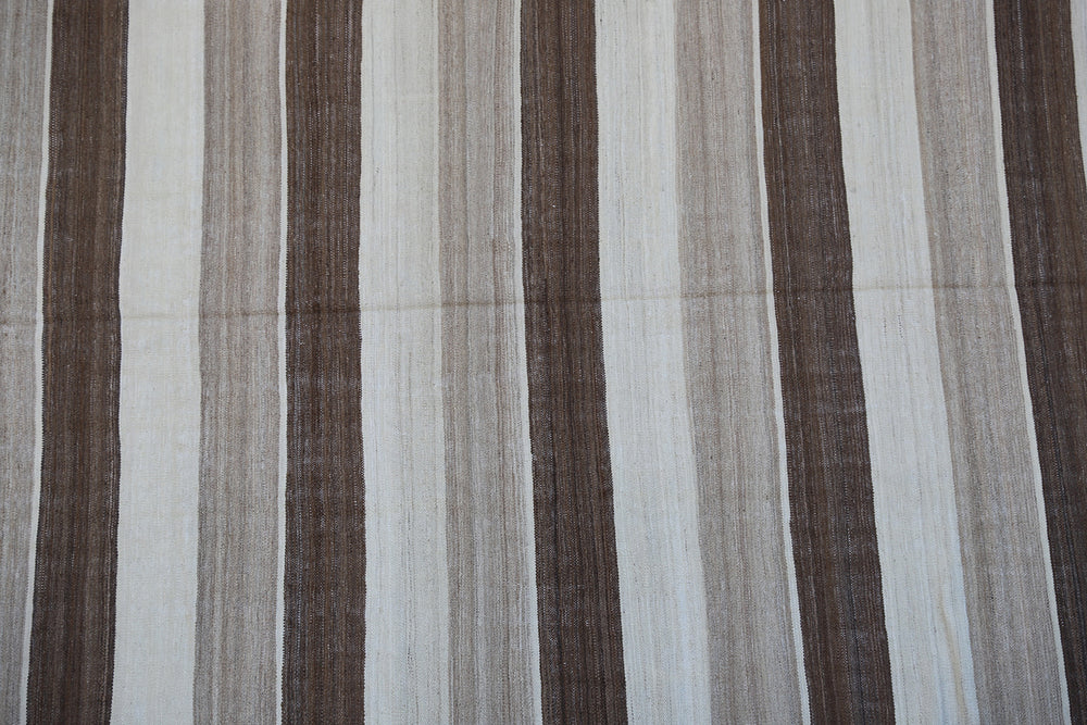 6x9 Ariana Kilim hand-woven Afghan wool rug with brown, beige, and cream stripes, full overhead view.