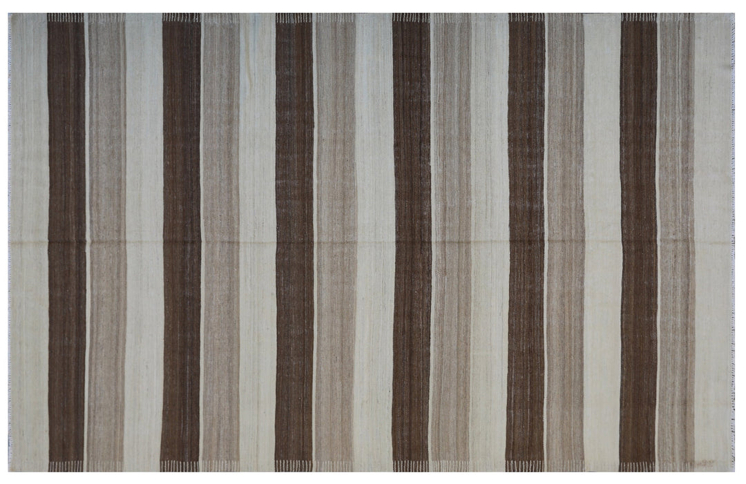 6x9 Ariana Kilim hand-woven Afghan wool rug with brown, beige, and cream stripes, full overhead view.