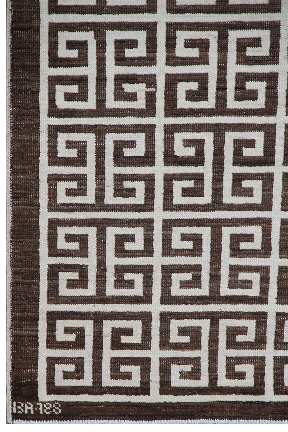 Close-up of 6'x9' Ariana Modern rug showing ivory white geometric lines on a dark brown background.