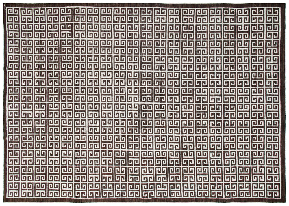 Close-up of 6'x9' Ariana Modern rug showing ivory white geometric lines on a dark brown background.