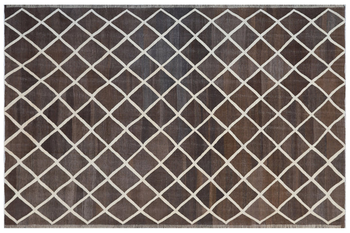 Ariana Rugs 10'x14' handwoven brown and ivory wool kilim area rug featuring an organic flatweave structure on a natural wool foundation.