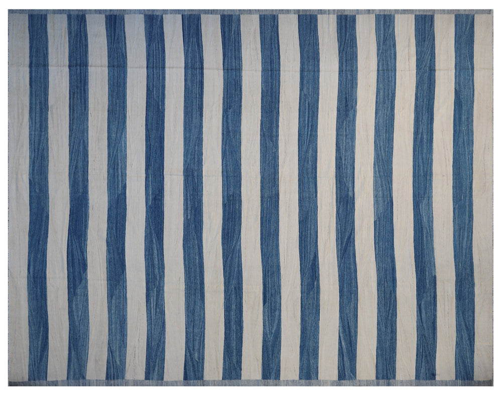 Ariana Rugs 12'x15' hand-knotted blue and white stripe wool kilim area rug featuring a modern flatweave construction on a cotton base.