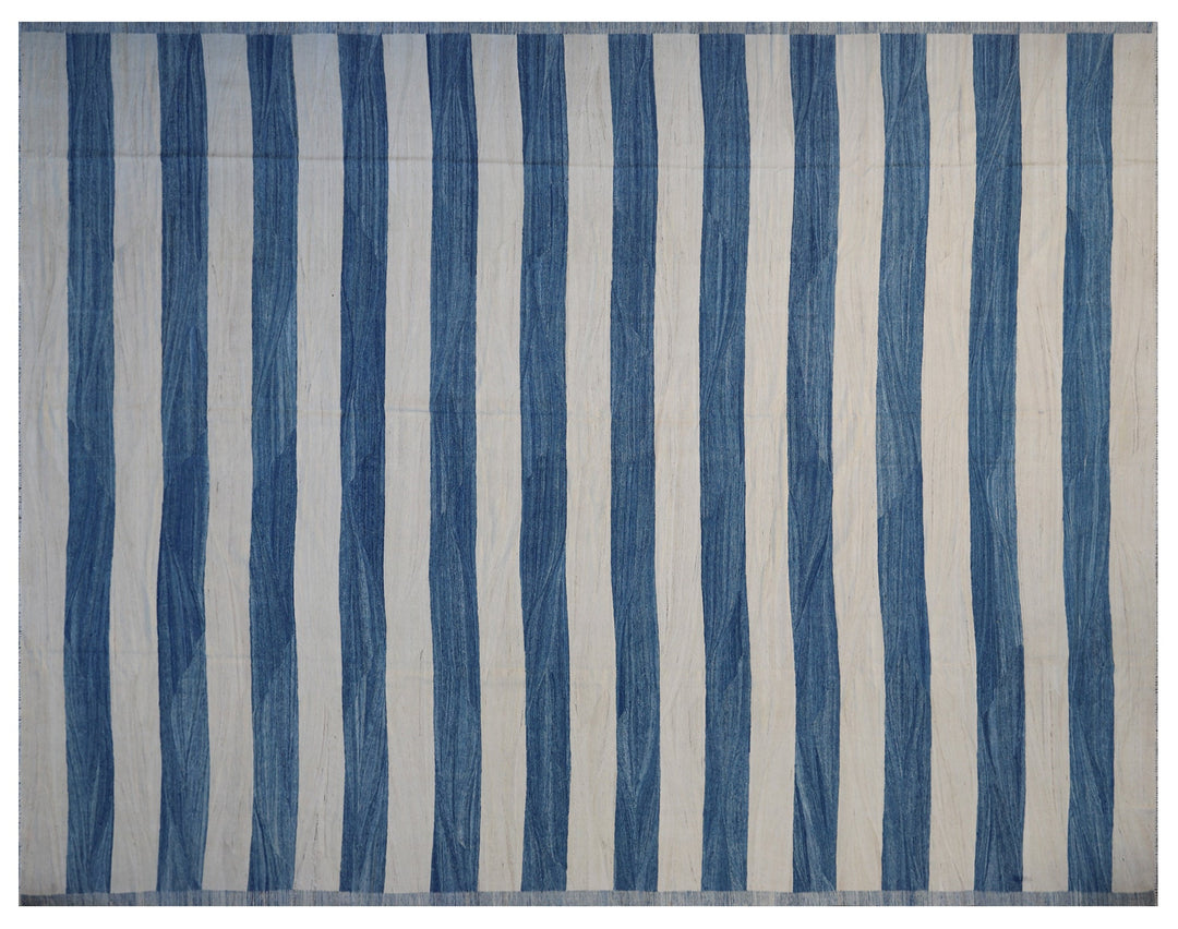 Ariana Rugs 12'x15' hand-knotted blue and white stripe wool kilim area rug featuring a modern flatweave construction on a cotton base.