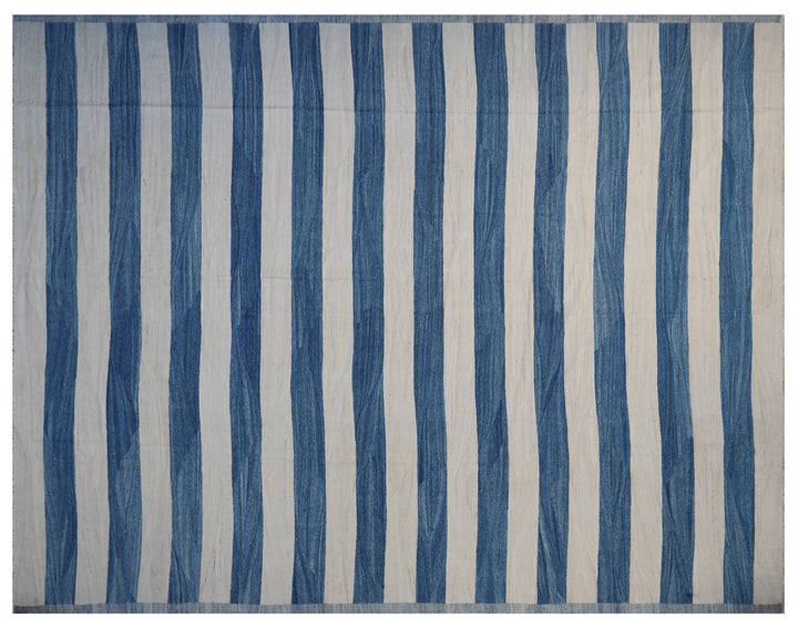 Ariana Rugs 12'x15' hand-knotted blue and white stripe wool kilim area rug featuring a modern flatweave construction on a cotton base.