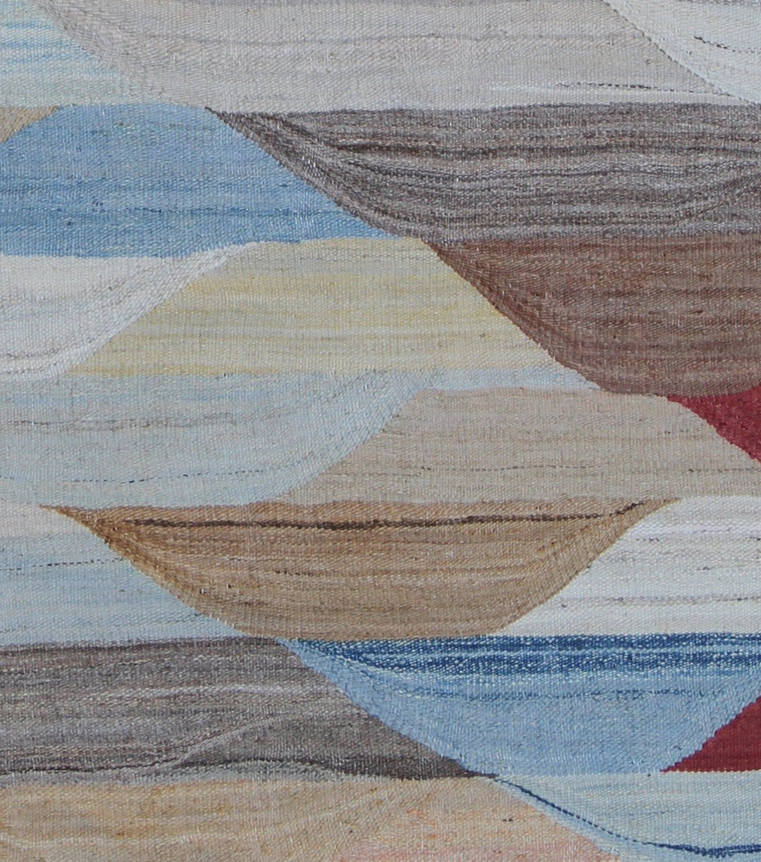 Ariana Rugs 14'x22' extra large handwoven colorful wool kilim area rug featuring a geometric pattern in blue, cream, rust, and brown on a cotton foundation.
